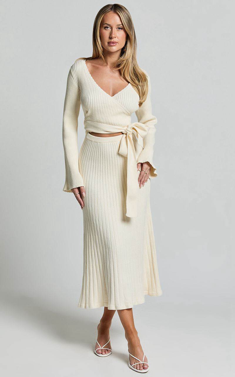 Showpo Andreia Midi Dress - Knitted Wrap Long Sleeve Dress Cream | HABZVG097