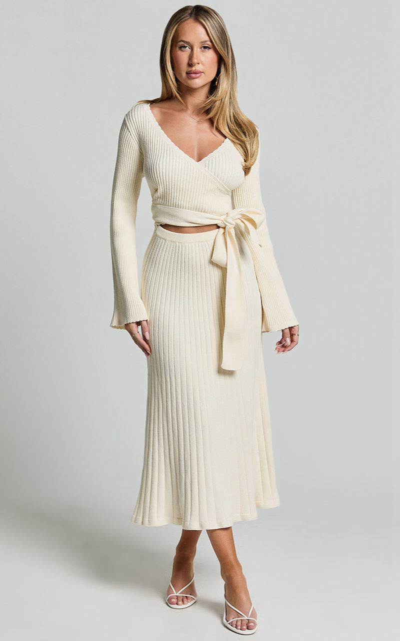 Showpo Andreia Midi Dress - Knitted Wrap Long Sleeve Dress Cream | HABZVG097