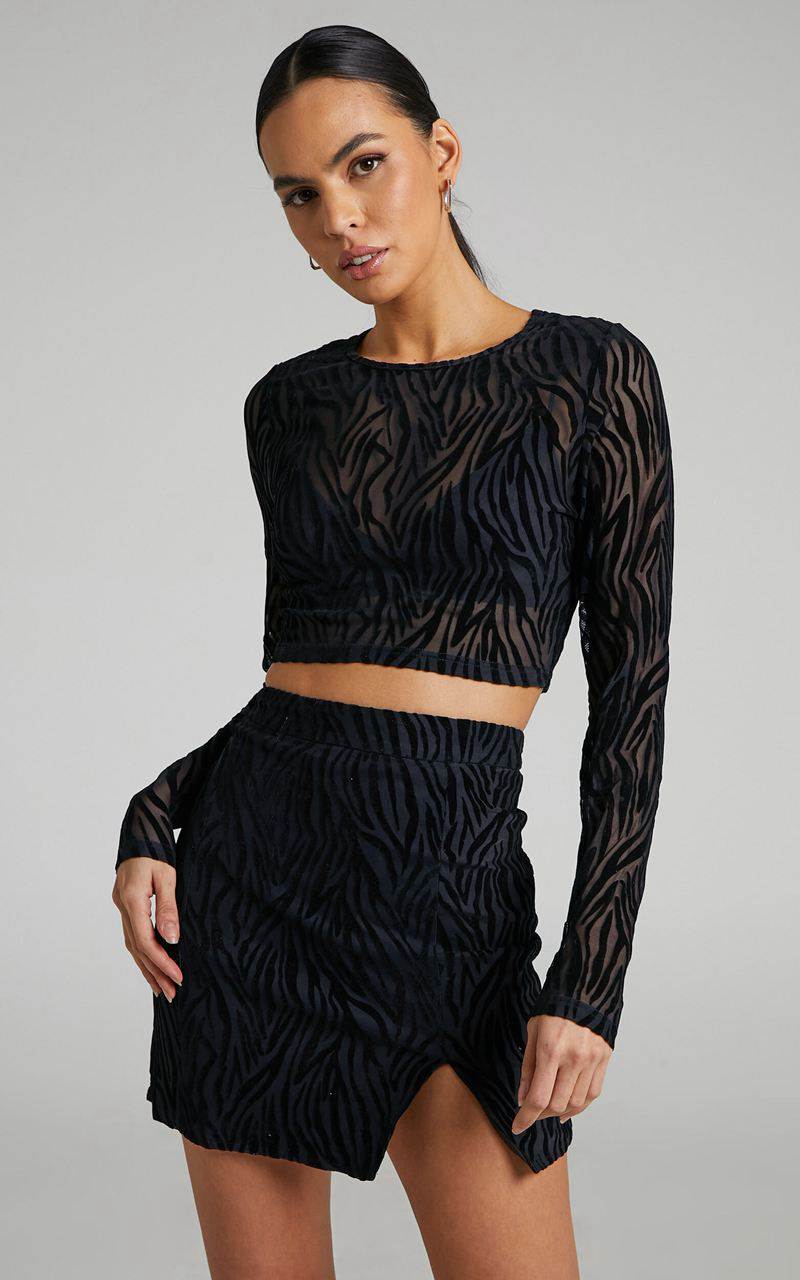 Showpo Andrik Two Piece Set - Mesh Long Sleeve Crop Top And Mini Skirt Set Black Zebra | KMQOHS915