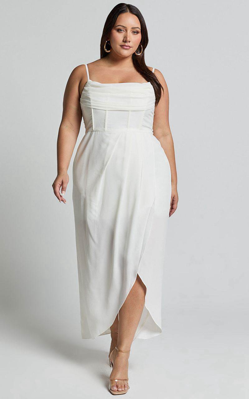 Showpo Andrina Midi Dress - High Low Wrap Corset Dress White | PUKJEH097