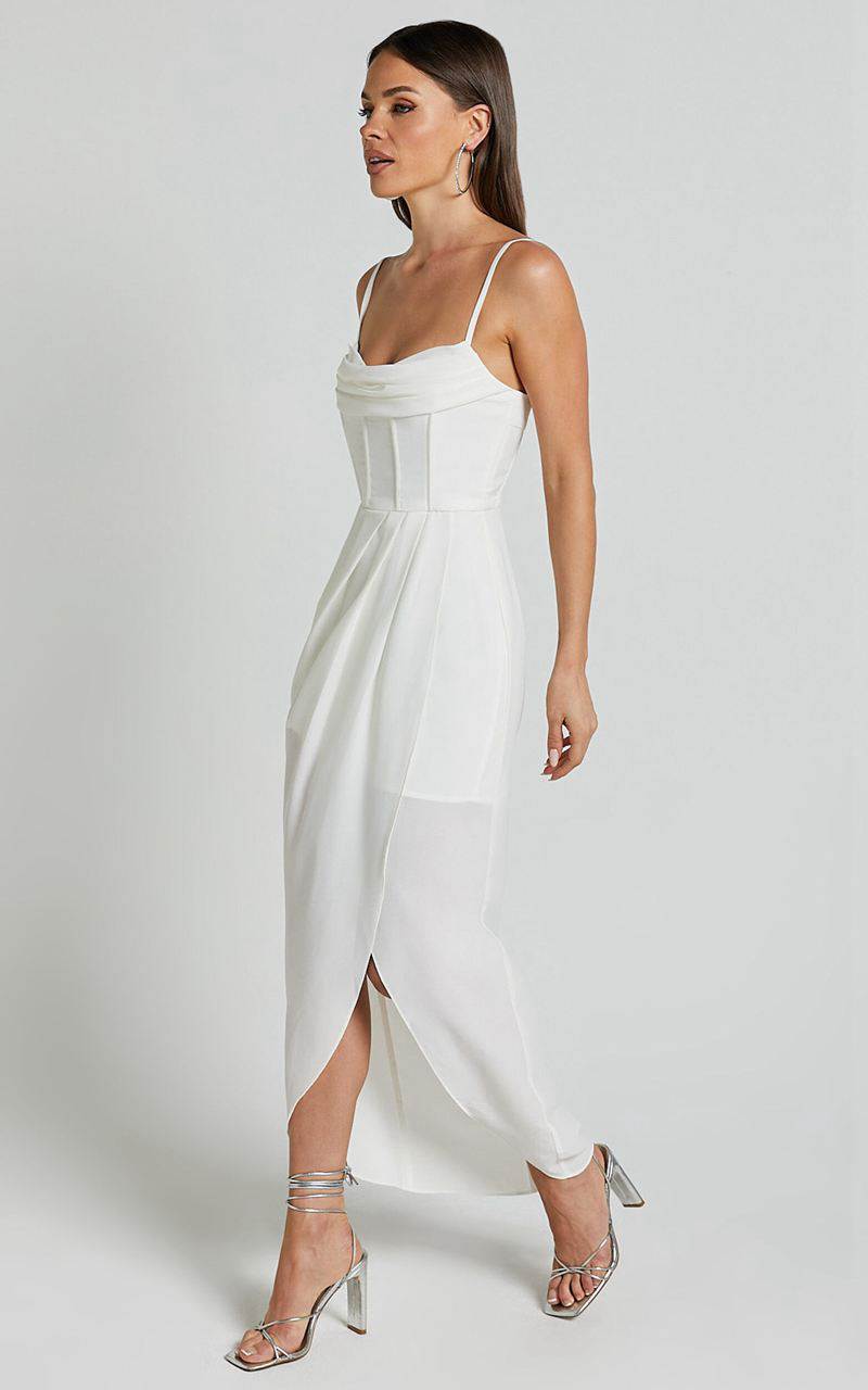 Showpo Andrina Midi Dress - High Low Wrap Corset Dress White | PUKJEH097