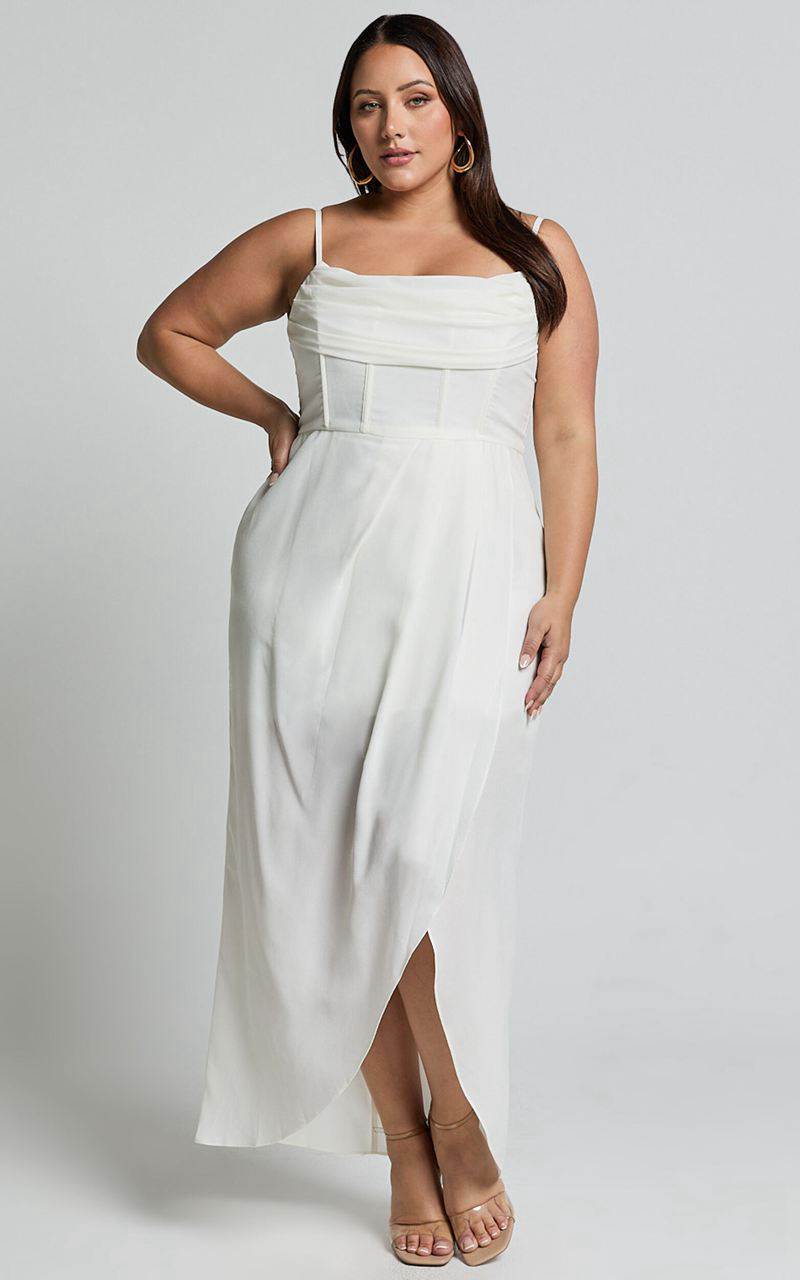 Showpo Andrina Midi Dress - High Low Wrap Corset Dress White | PUKJEH097