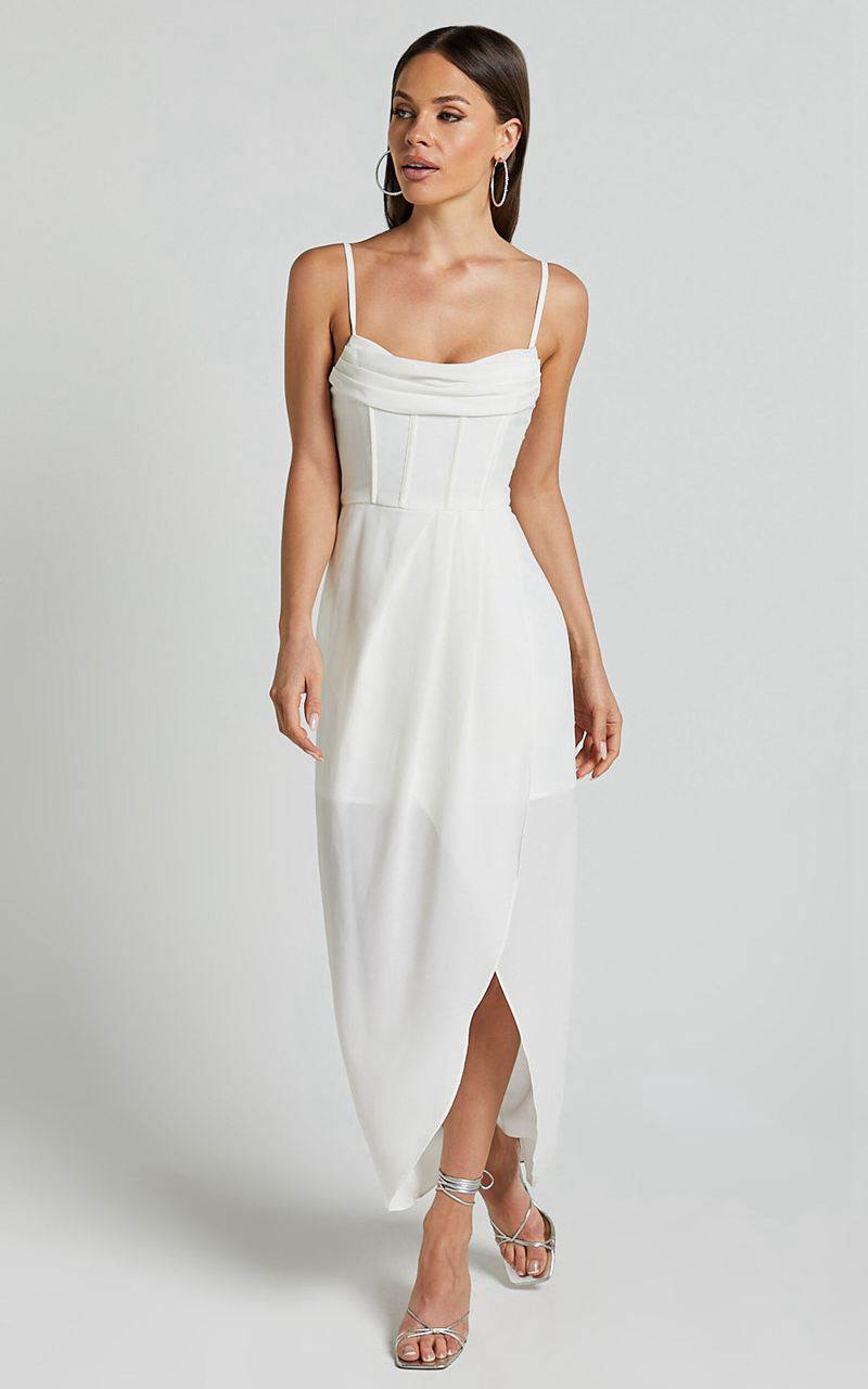 Showpo Andrina Midi Dress - High Low Wrap Corset Dress White | PUKJEH097