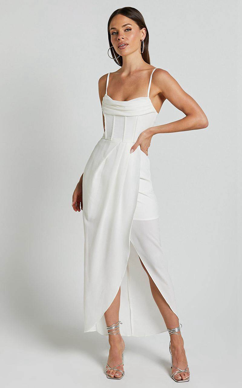 Showpo Andrina Midi Dress - High Low Wrap Corset Dress White | PUKJEH097