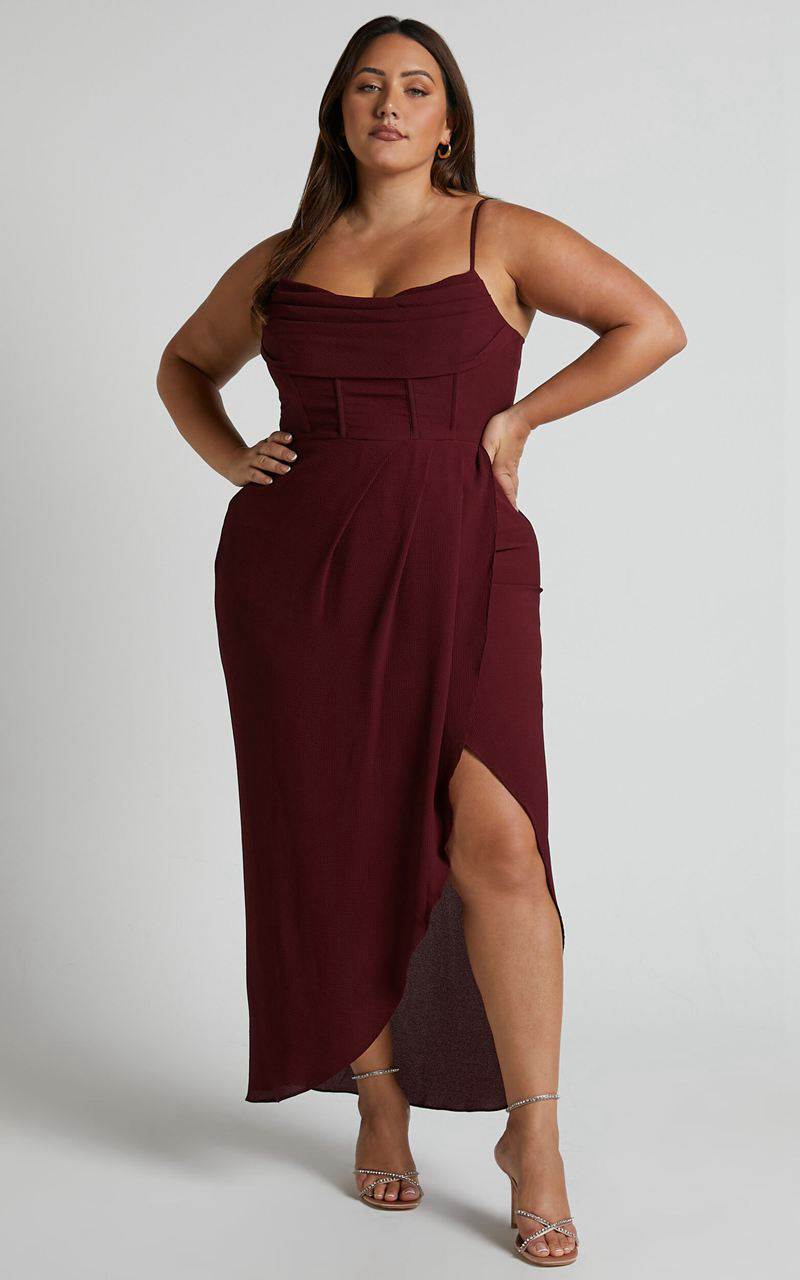 Showpo Andrina Midi Dress - High Low Wrap Corset Dress Wine | XTUKNV291