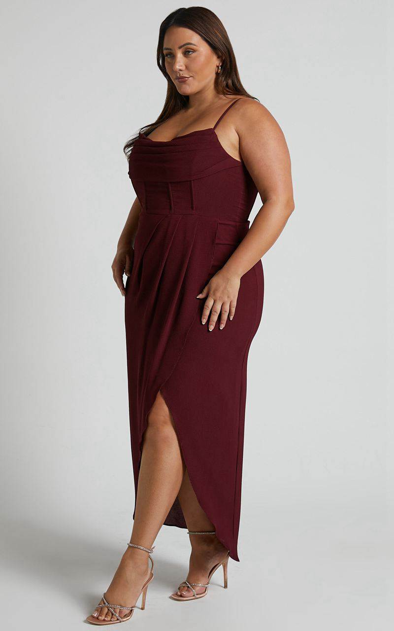 Showpo Andrina Midi Dress - High Low Wrap Corset Dress Wine | XTUKNV291