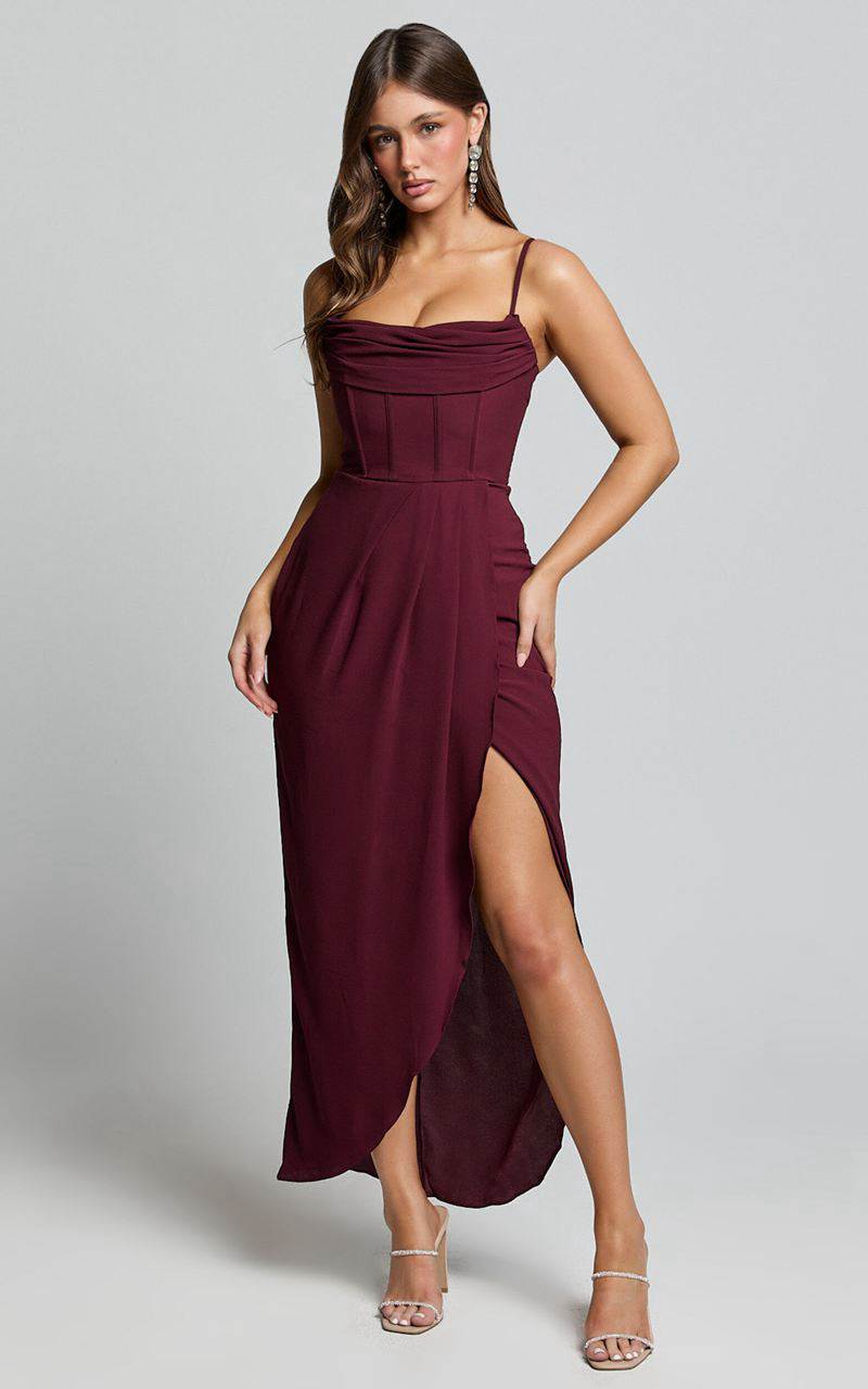 Showpo Andrina Midi Dress - High Low Wrap Corset Dress Wine | XTUKNV291