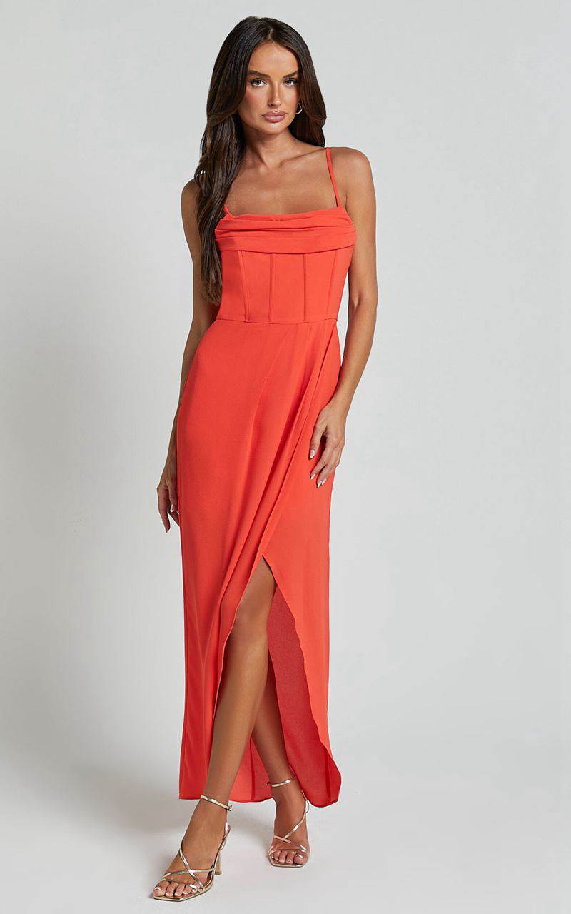 Showpo Andrina Midi Dress - High Low Wrap Corset Dress Orange | XHRKZI149