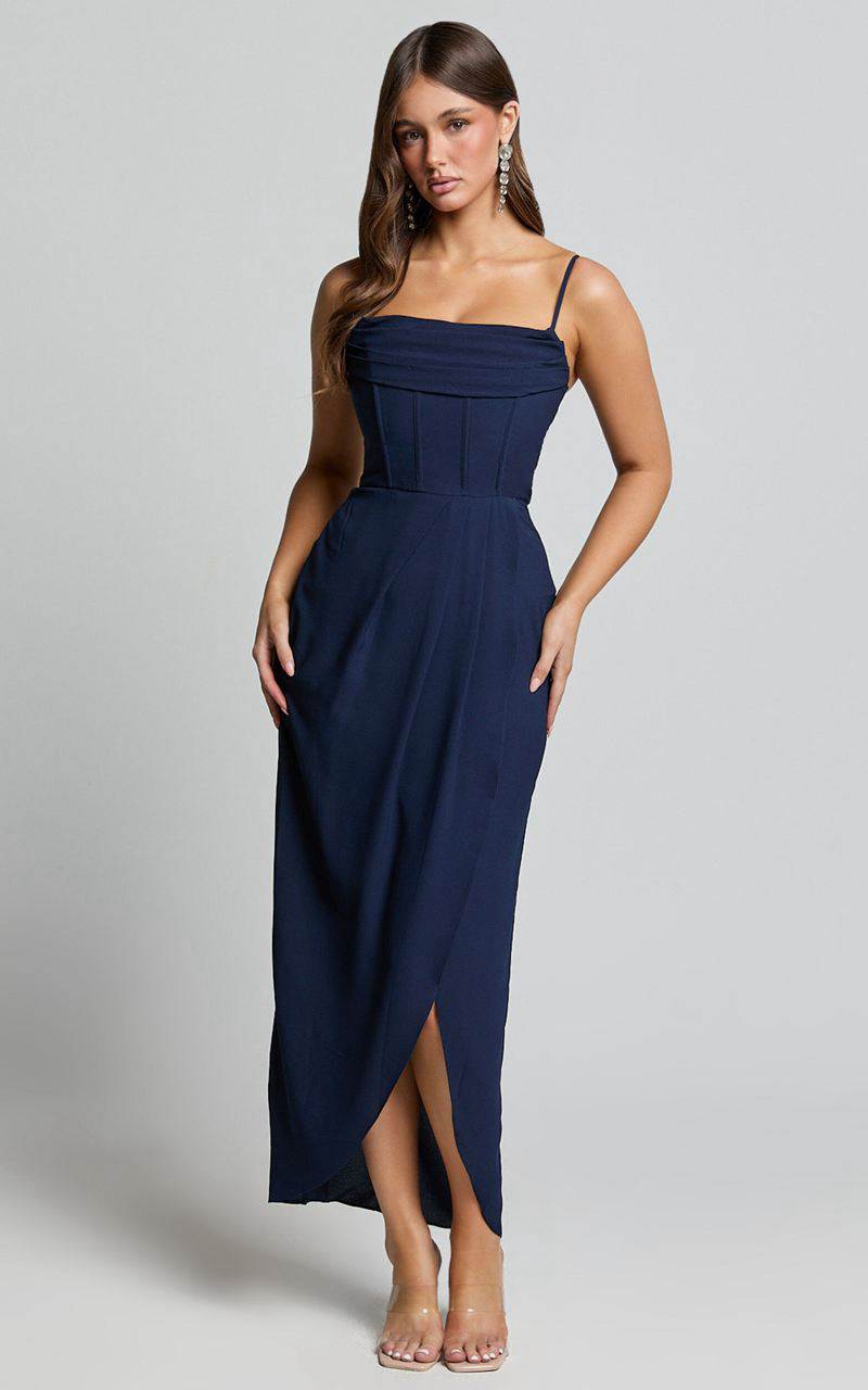 Showpo Andrina Midi Dress - High Low Wrap Corset Dress Navy | NLTYHA834