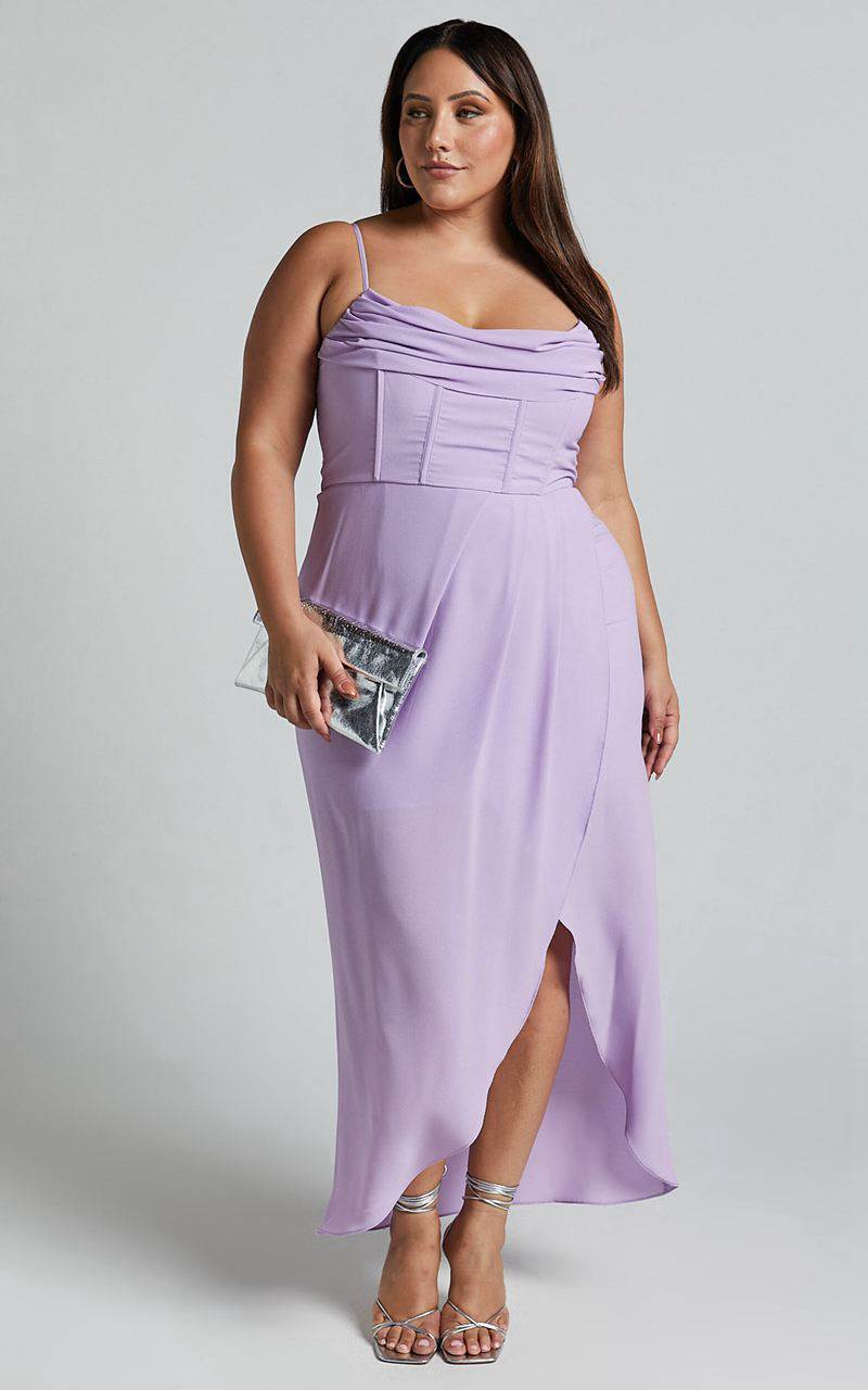 Showpo Andrina Midi Dress - High Low Wrap Corset Dress Lilac | OUDPYG605