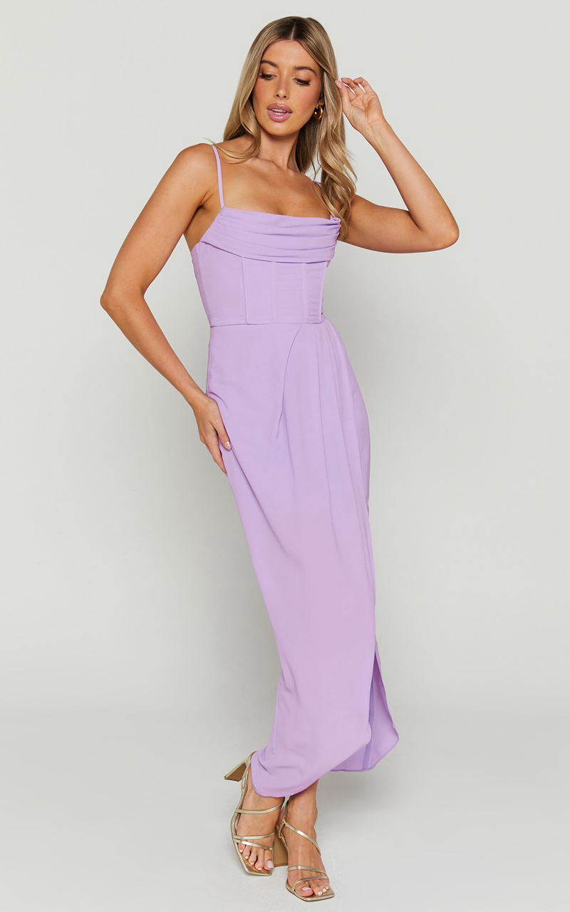 Showpo Andrina Midi Dress - High Low Wrap Corset Dress Lilac | OUDPYG605