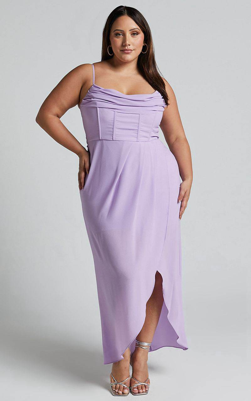 Showpo Andrina Midi Dress - High Low Wrap Corset Dress Lilac | OUDPYG605