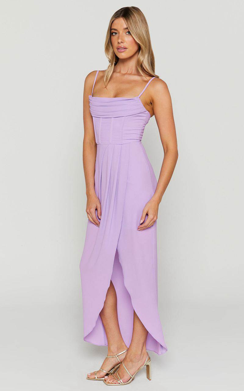 Showpo Andrina Midi Dress - High Low Wrap Corset Dress Lilac | OUDPYG605