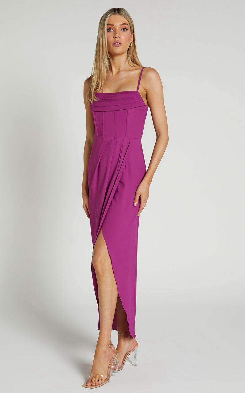 Showpo Andrina Midi Dress - High Low Wrap Corset Dress Grape | LMEXVS379