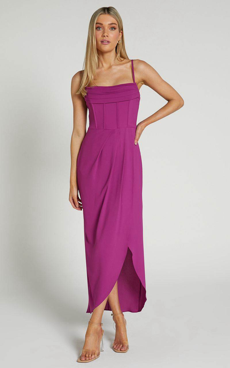 Showpo Andrina Midi Dress - High Low Wrap Corset Dress Grape | LMEXVS379