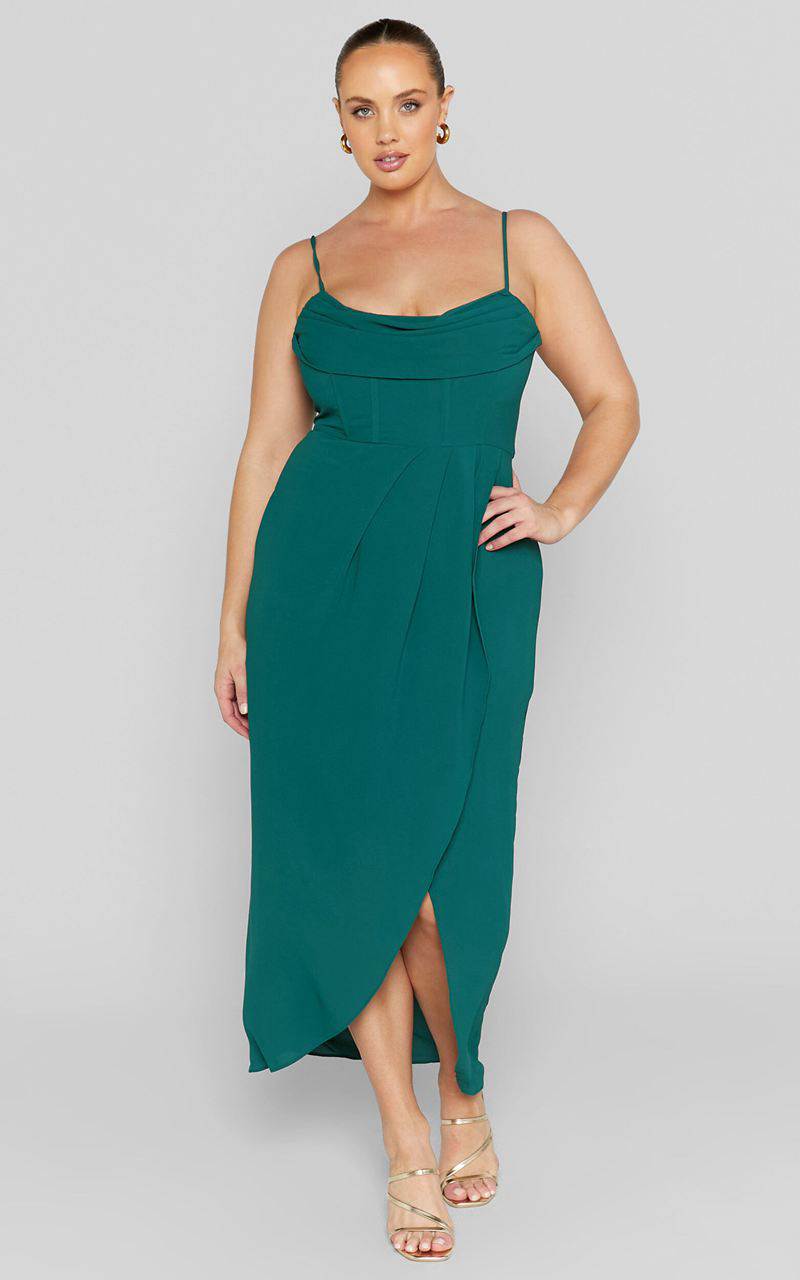 Showpo Andrina Midi Dress - High Low Wrap Corset Dress Forest Green | XVEOLC514