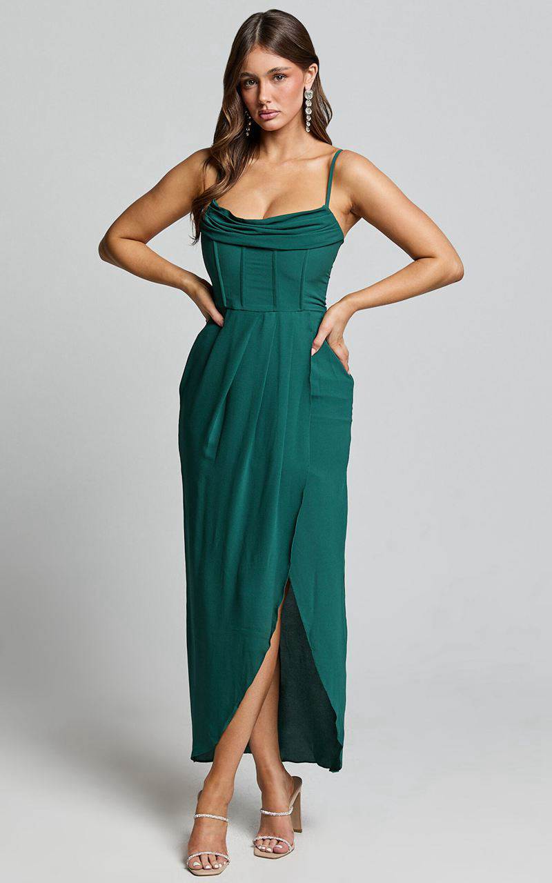 Showpo Andrina Midi Dress - High Low Wrap Corset Dress Forest Green | XVEOLC514