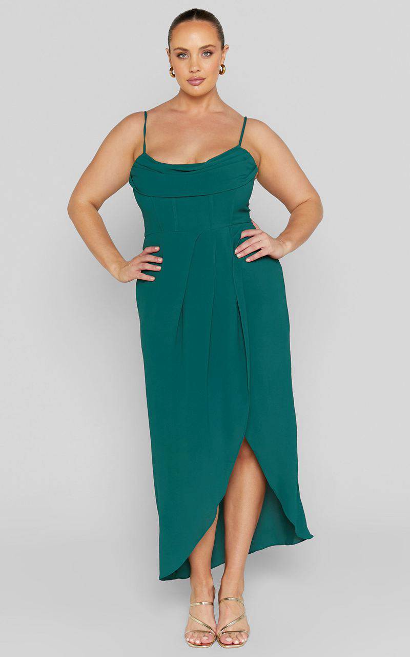 Showpo Andrina Midi Dress - High Low Wrap Corset Dress Forest Green | XVEOLC514