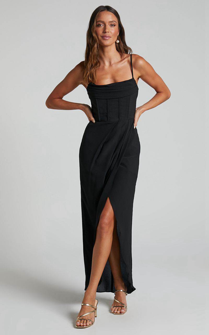 Showpo Andrina Midi Dress - High Low Wrap Corset Dress Black | SMQGHL964