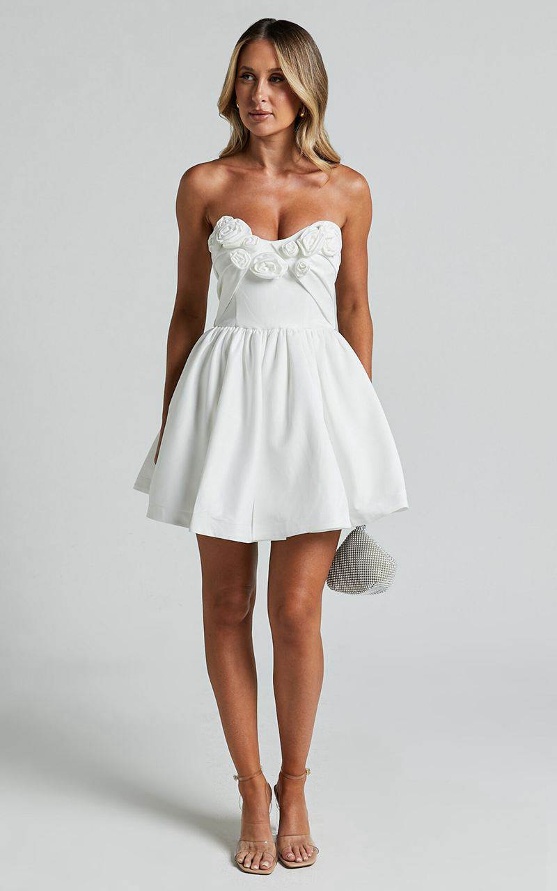 Showpo Angeletta Mini Dress - Sweetheart Rosette Detail Fit & Flare White | YJFDAH168