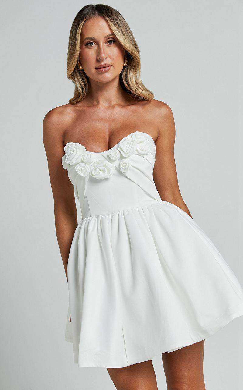 Showpo Angeletta Mini Dress - Sweetheart Rosette Detail Fit & Flare White | YJFDAH168