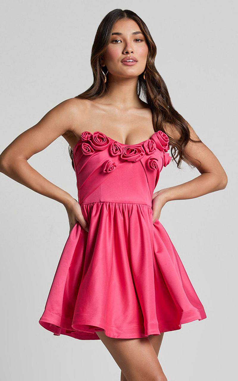 Showpo Angeletta Mini Dress - Sweetheart Rosette Detail Fit & Flare Pink | YBCGVF940