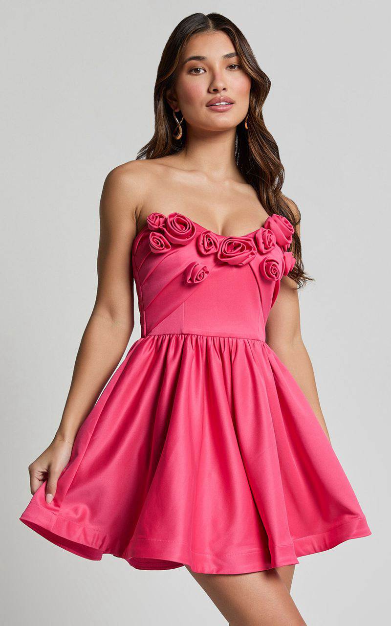 Showpo Angeletta Mini Dress - Sweetheart Rosette Detail Fit & Flare Pink | YBCGVF940