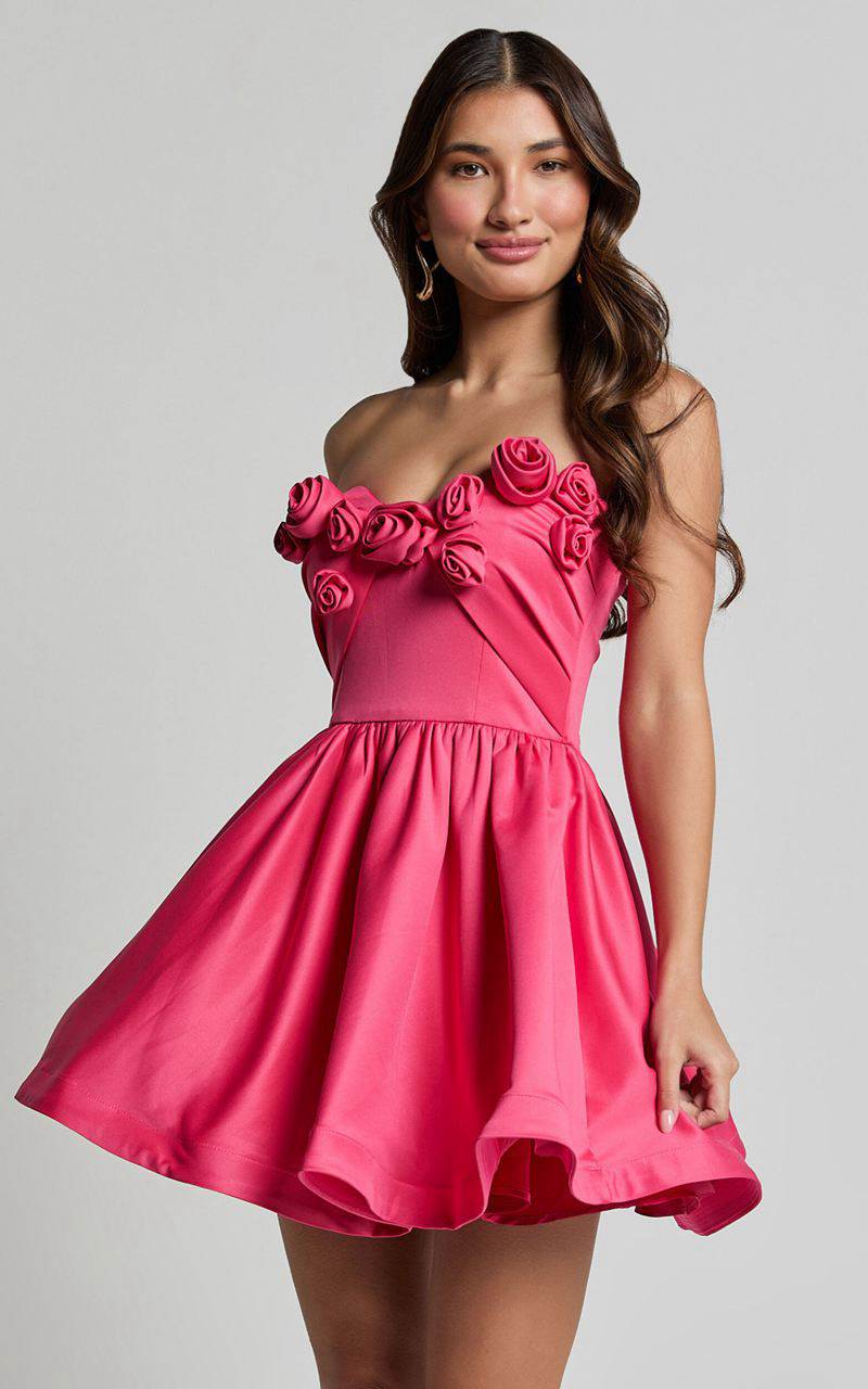 Showpo Angeletta Mini Dress - Sweetheart Rosette Detail Fit & Flare Pink | YBCGVF940