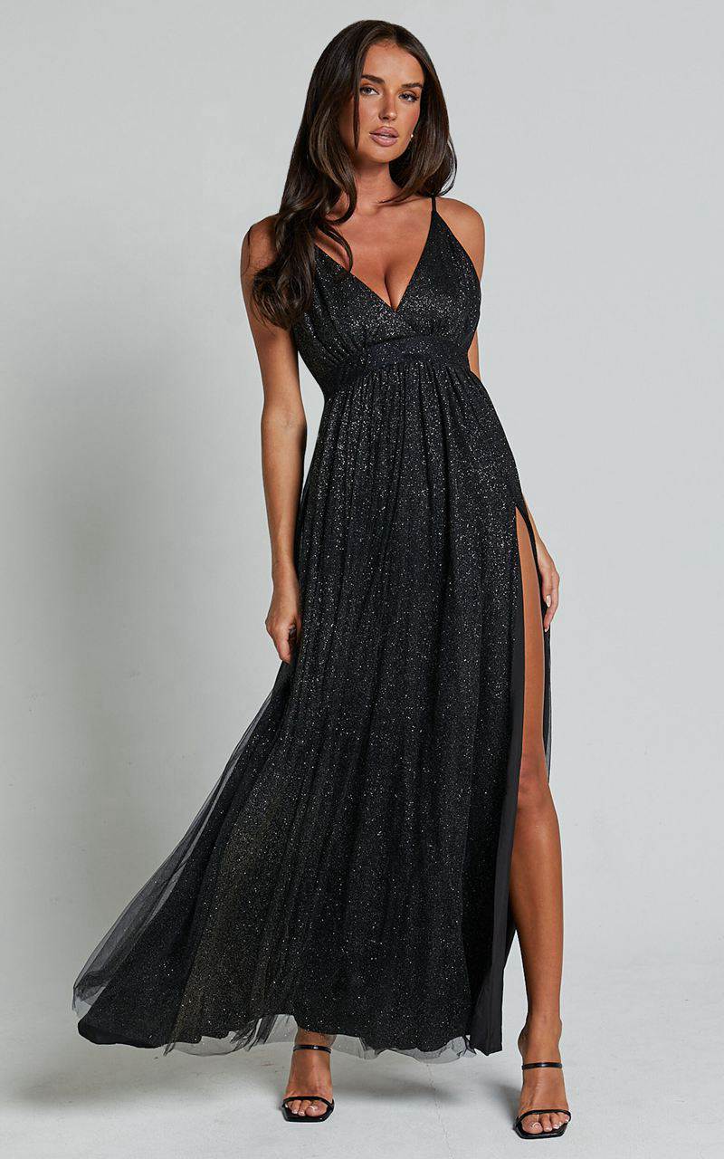 Showpo Angelina Midi Dress - Plunge Neck Glitter Neck Dress Black | ZQNMKH412