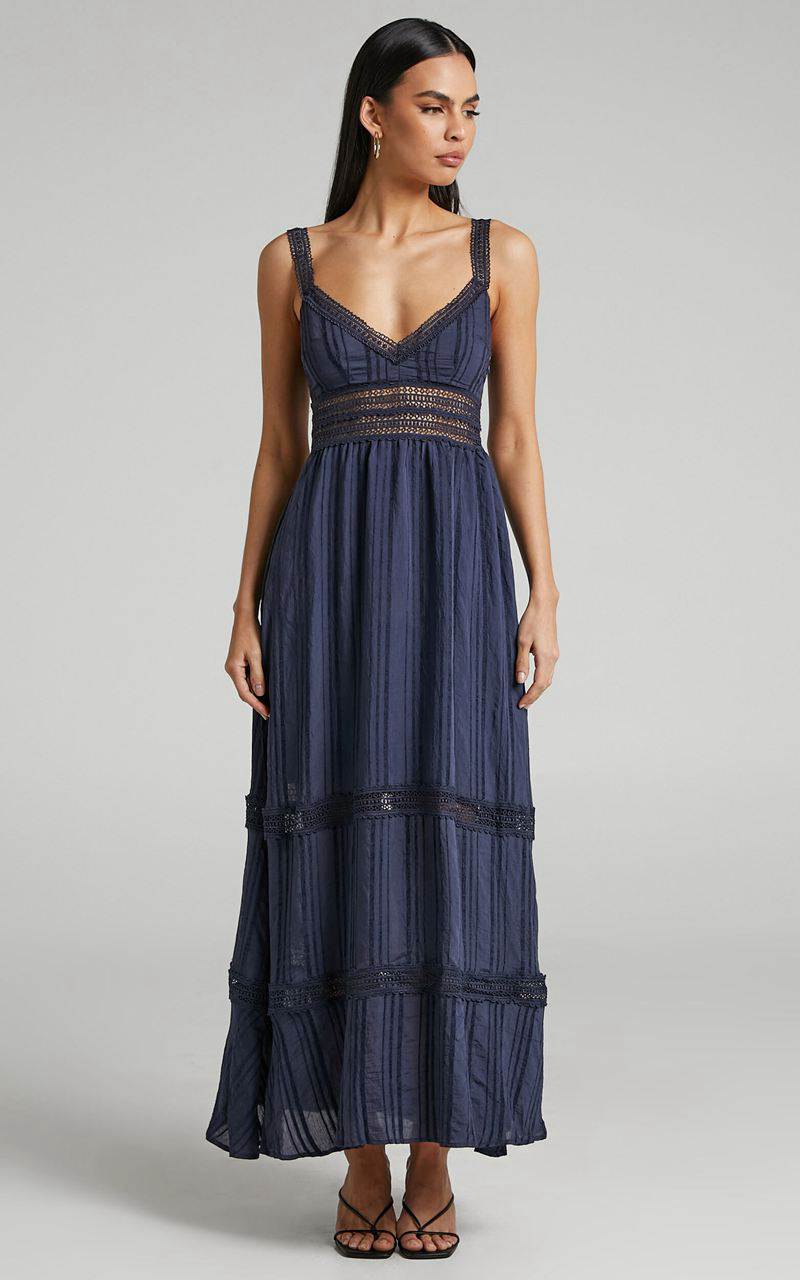 Showpo Angelique Maxi Dress - Lace Trim Dress Navy | TLAUBS653