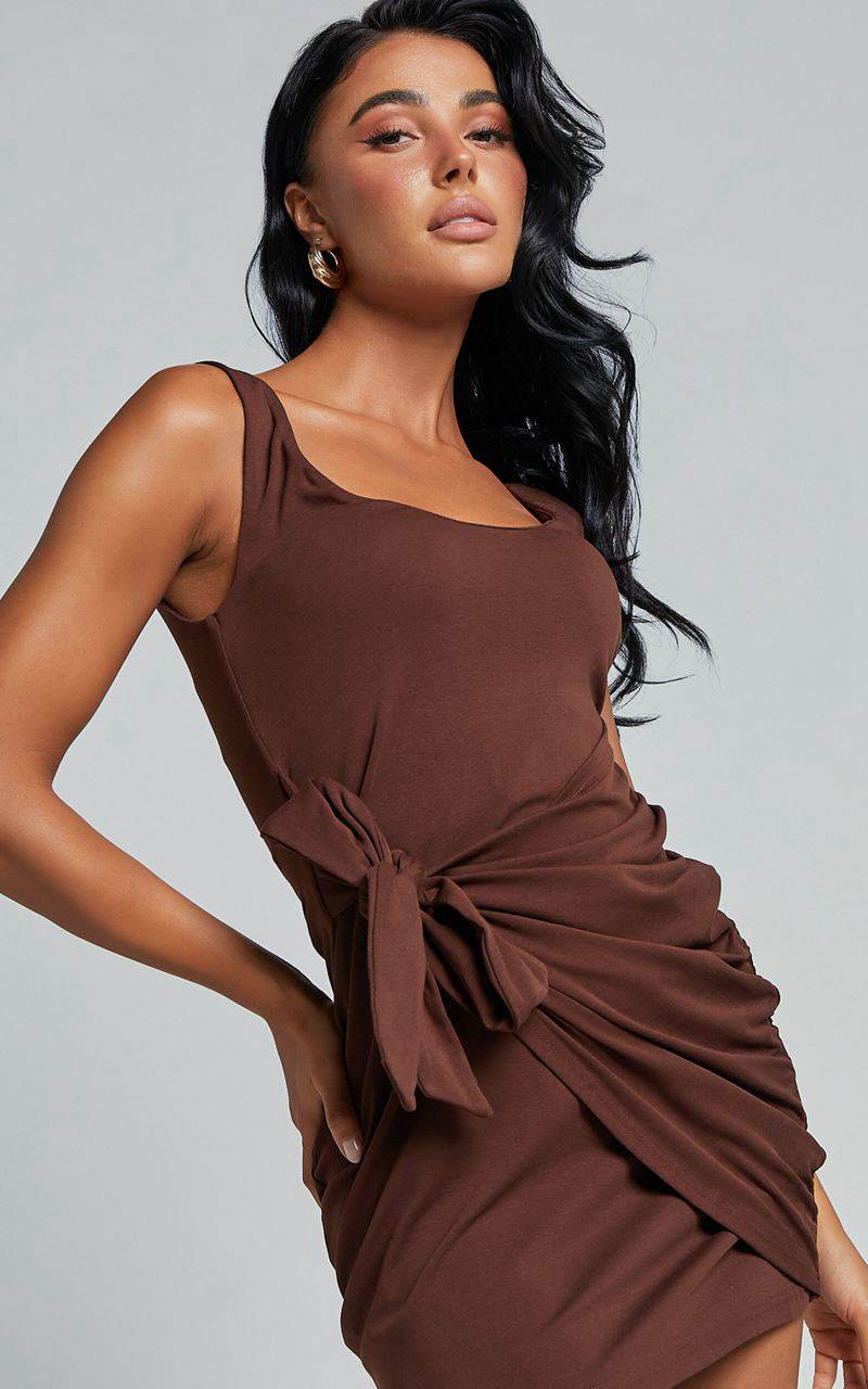 Showpo Angeni Mini Dress - Scoop Neck Wrap Dress Dark Oak | XCHNPB530