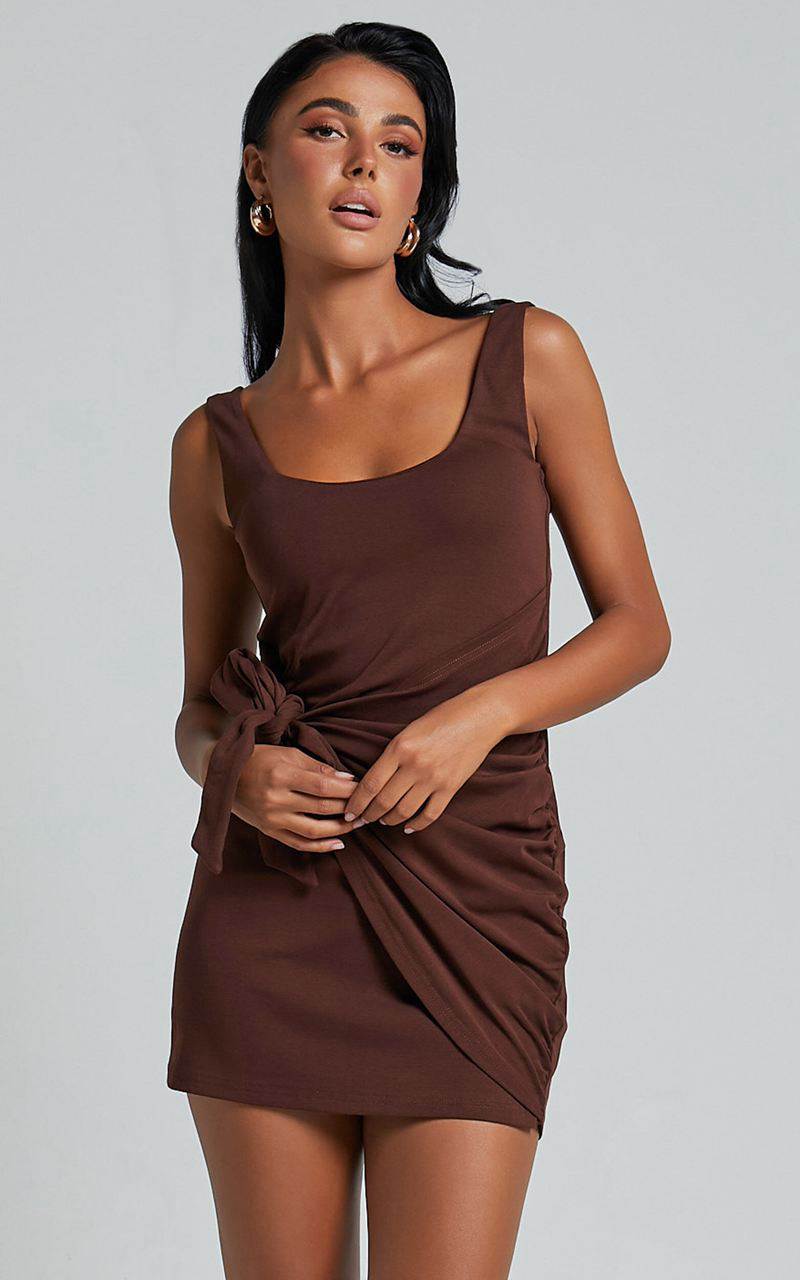 Showpo Angeni Mini Dress - Scoop Neck Wrap Dress Dark Oak | XCHNPB530