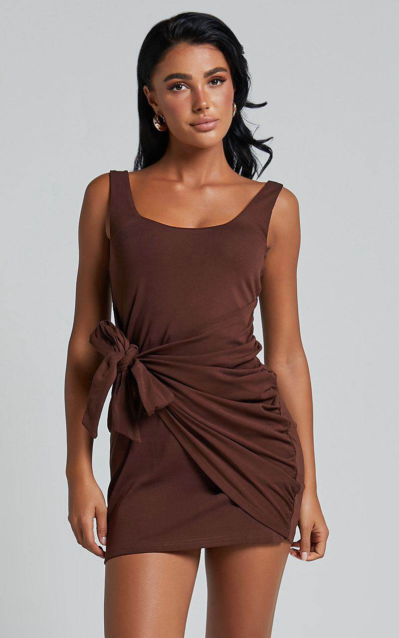 Showpo Angeni Mini Dress - Scoop Neck Wrap Dress Dark Oak | XCHNPB530