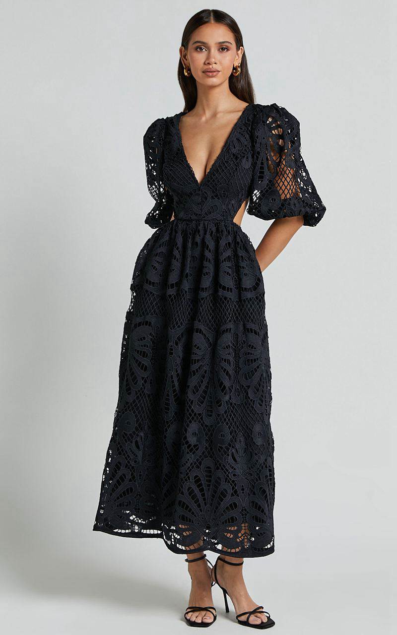 Showpo Anieshaya Midi Dress - V Neck Cut Out Lace Dress Black | EGMVRU521