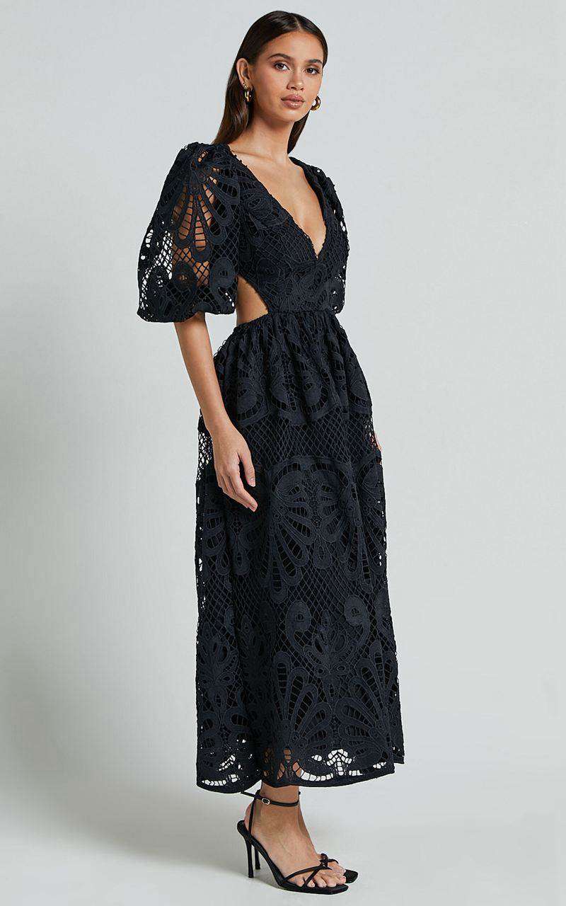 Showpo Anieshaya Midi Dress - V Neck Cut Out Lace Dress Black | EGMVRU521