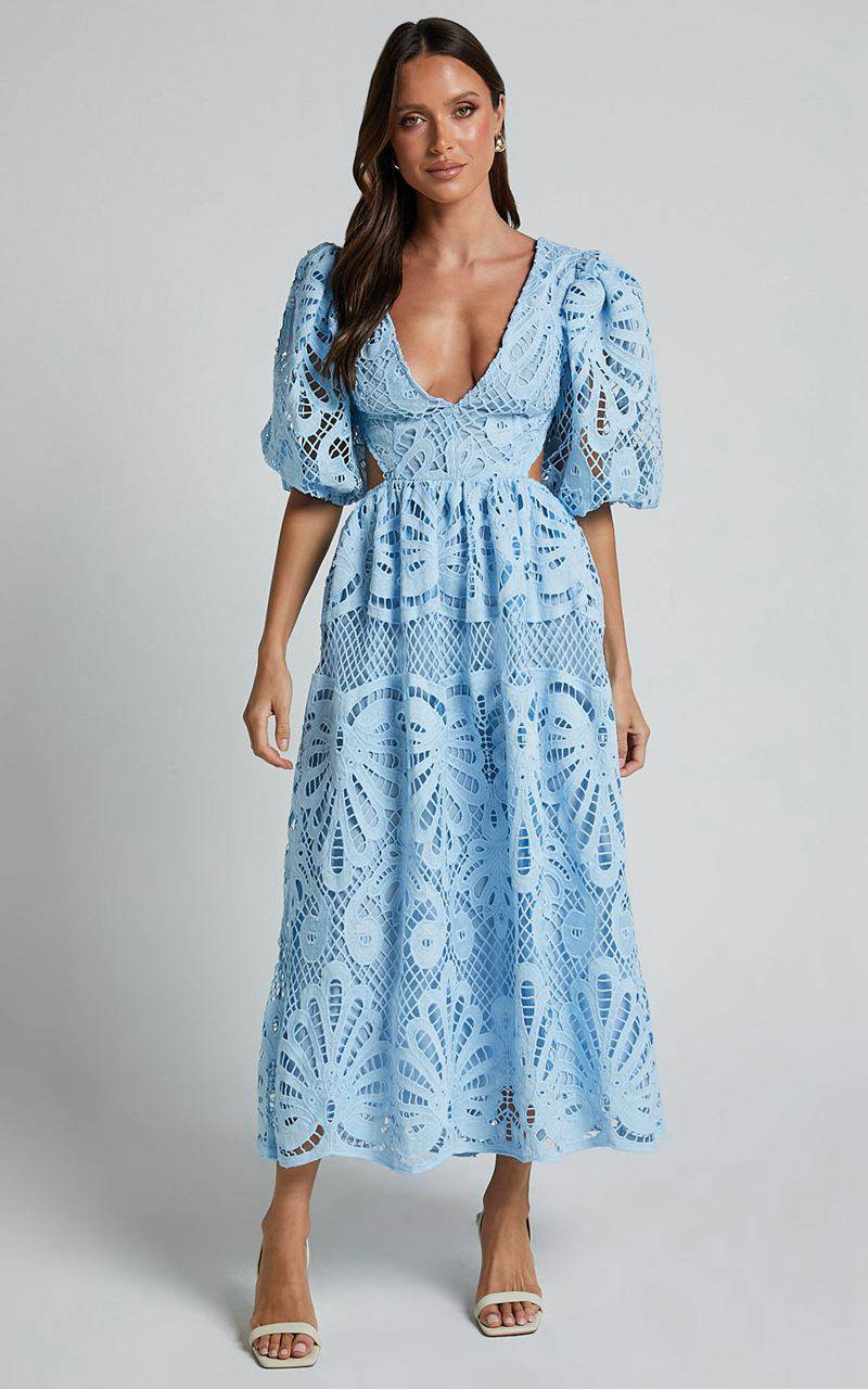 Showpo Anieshaya Midi Dress - V Neck Cut Out Lace Dress Soft Blue | LPNSTB307