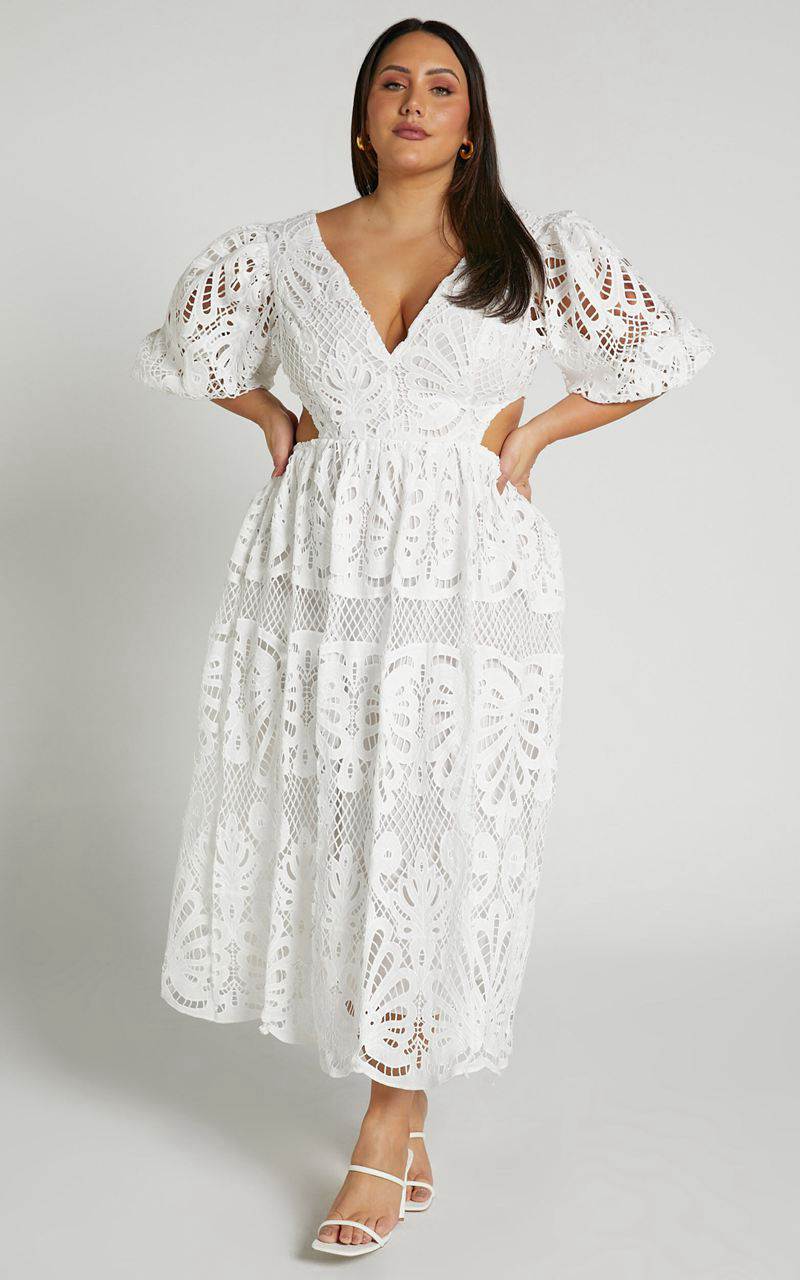 Showpo Anieshaya Midi Dress - V Neck Cut Out Lace Dress White | UYWSJK290