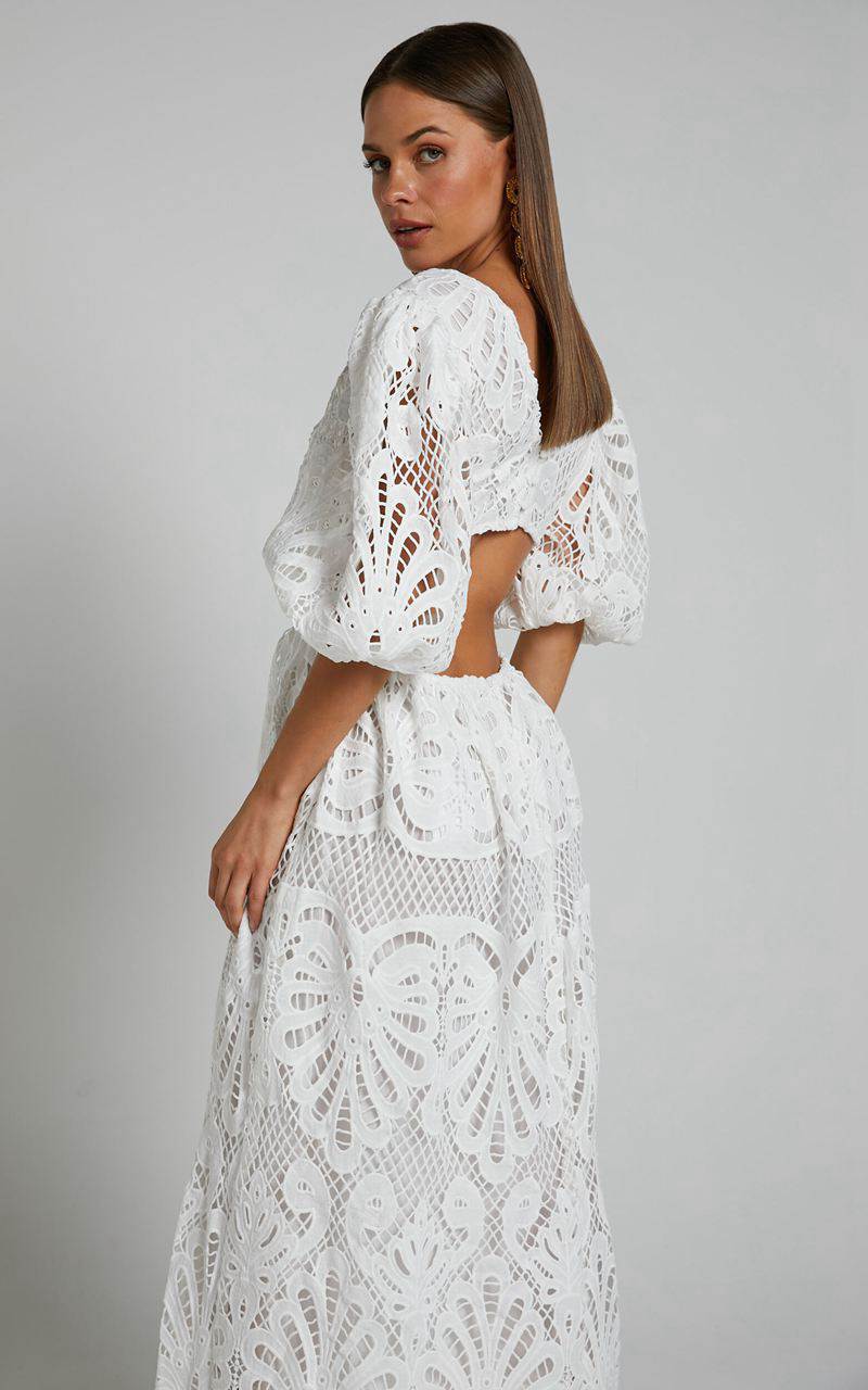 Showpo Anieshaya Midi Dress - V Neck Cut Out Lace Dress White | UYWSJK290