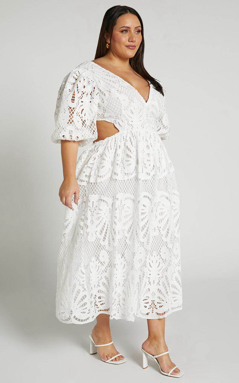 Showpo Anieshaya Midi Dress - V Neck Cut Out Lace Dress White | UYWSJK290