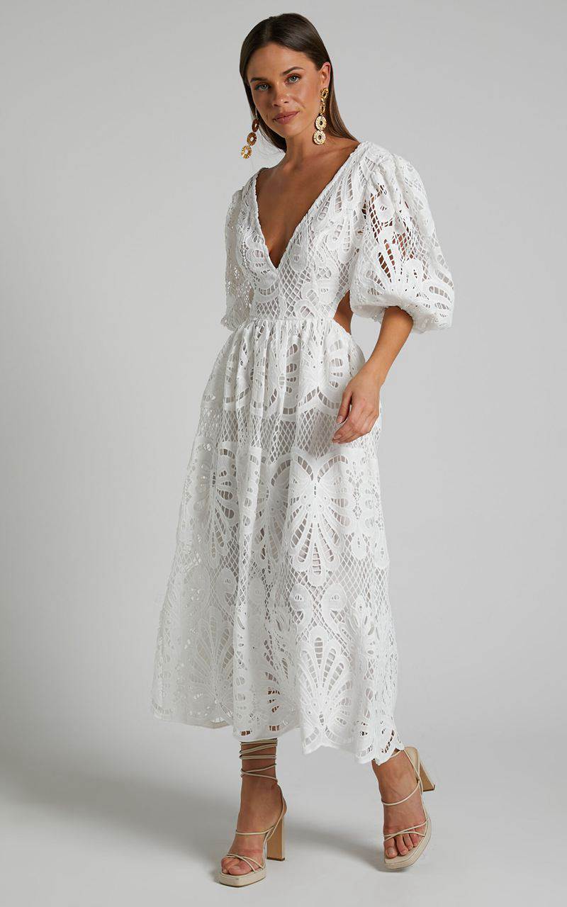 Showpo Anieshaya Midi Dress - V Neck Cut Out Lace Dress White | UYWSJK290