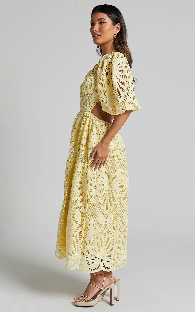 Showpo Anieshaya Midi Dress - V Neck Cut Out Lace Dress Lemon | KUAGZH904