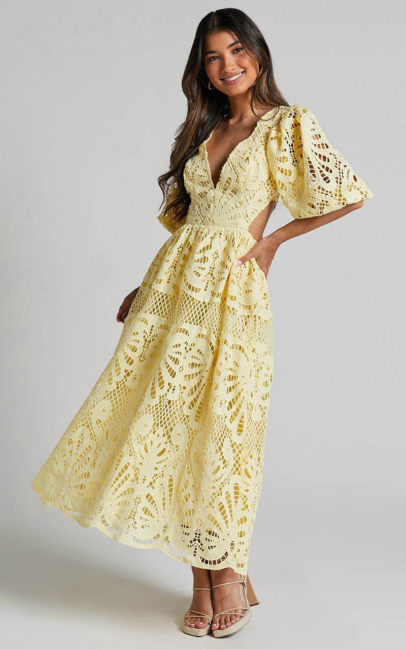 Showpo Anieshaya Midi Dress - V Neck Cut Out Lace Dress Lemon | KUAGZH904