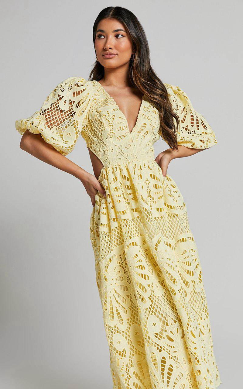 Showpo Anieshaya Midi Dress - V Neck Cut Out Lace Dress Lemon | KUAGZH904