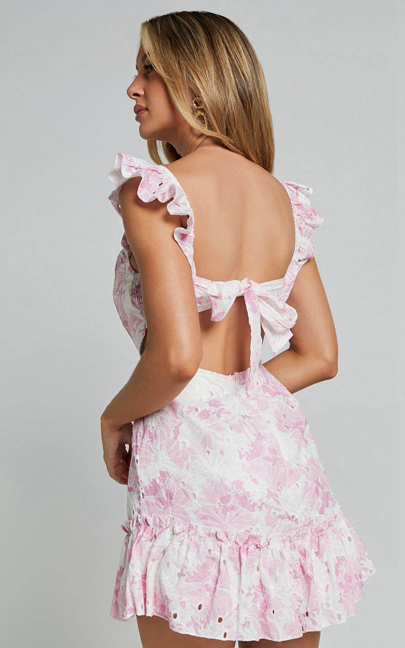 Showpo Anisha Mini Dress - Flutter Sleeve Straight Neck With Tie Back Dress Pink And White Floral Print | NXIDTV891