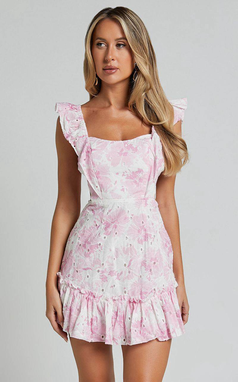 Showpo Anisha Mini Dress - Flutter Sleeve Straight Neck With Tie Back Dress Pink And White Floral Print | NXIDTV891