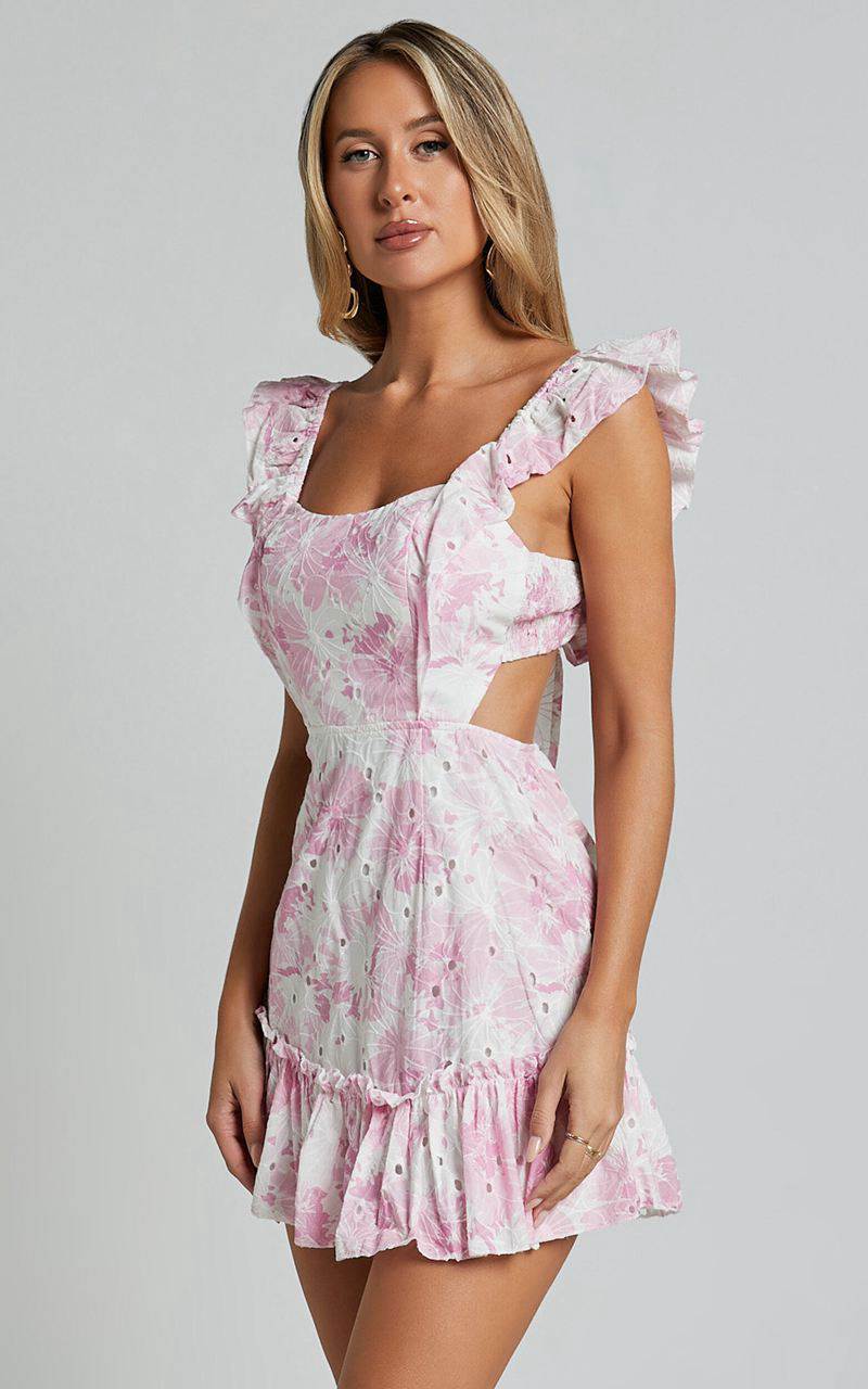 Showpo Anisha Mini Dress - Flutter Sleeve Straight Neck With Tie Back Dress Pink And White Floral Print | NXIDTV891