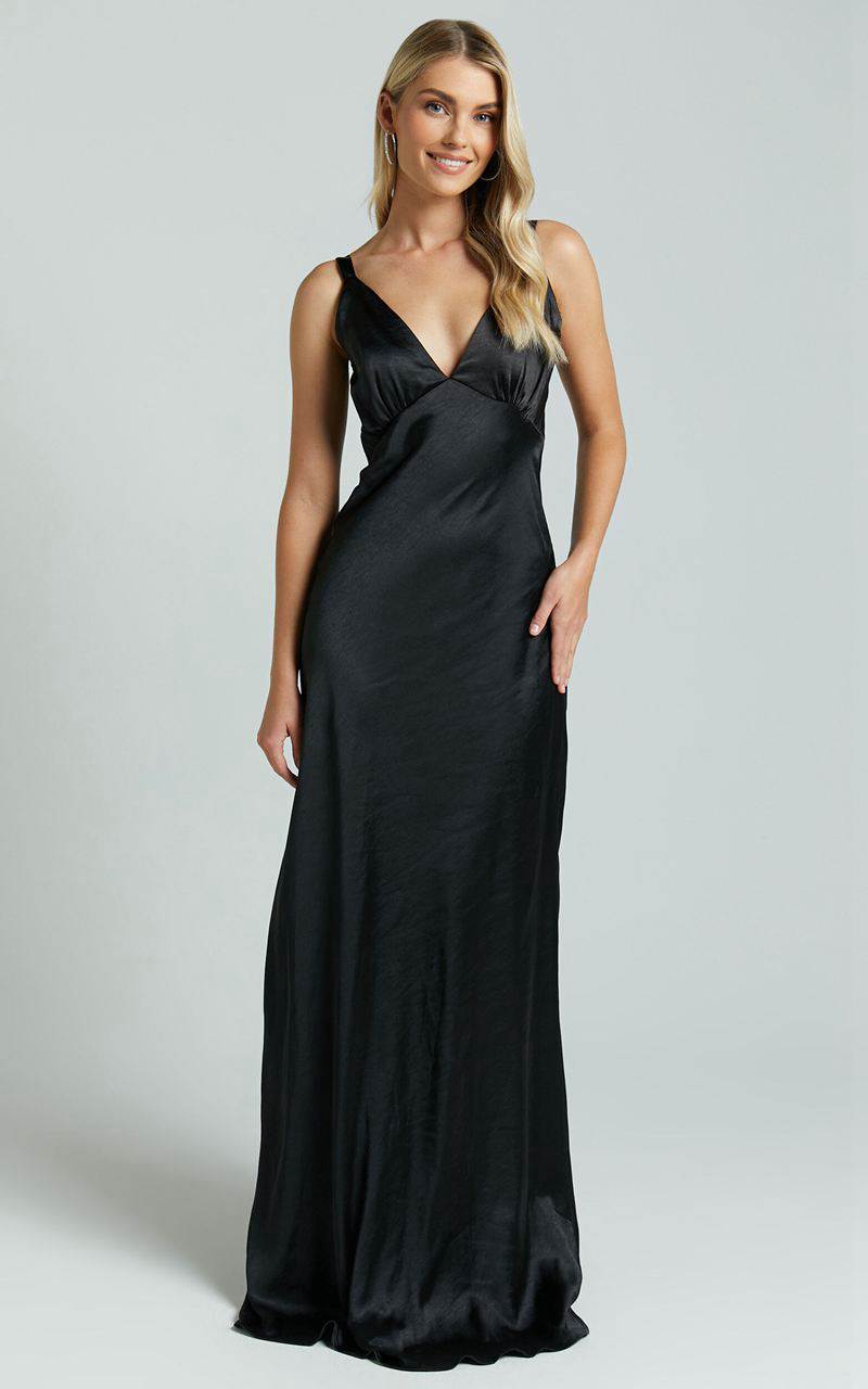 Showpo Anjorie Maxi Dress - Plunge Neck Wide Strap Sleeveless Slip Black | EVZGOJ456