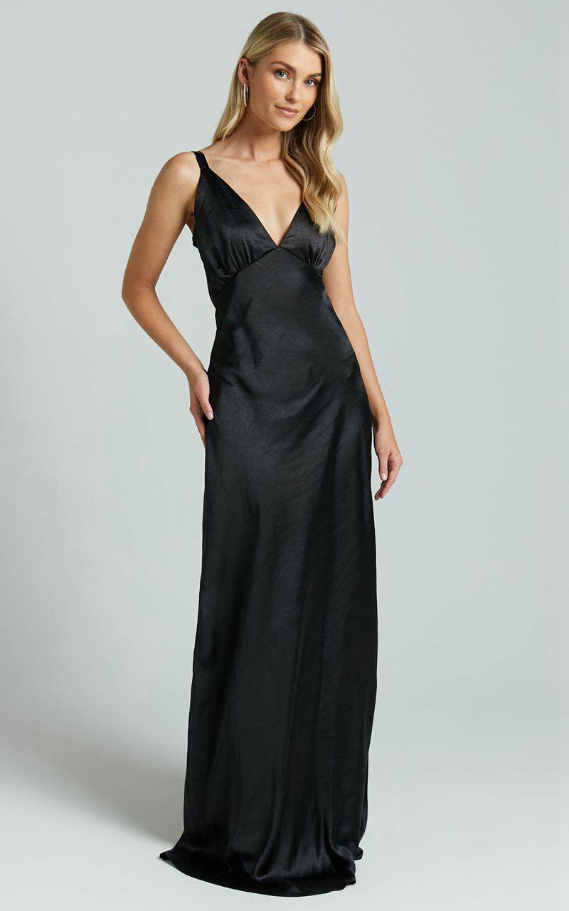 Showpo Anjorie Maxi Dress - Plunge Neck Wide Strap Sleeveless Slip Black | EVZGOJ456