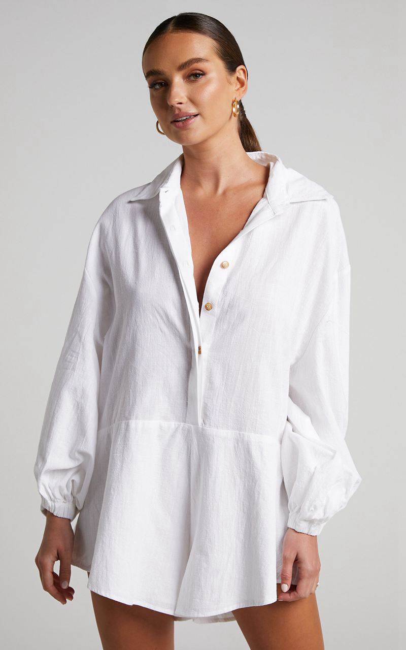 Showpo Anka Playsuit - Relaxed Button Front Shirt Playsuit White | OVMLGS597