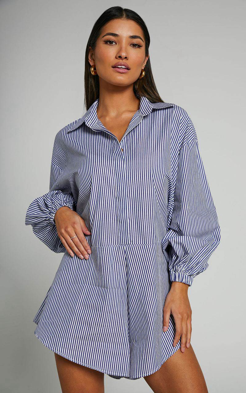 Showpo Anka Playsuit - Relaxed Button Front Shirt Playsuit Navy Stripe | TCNQSZ618